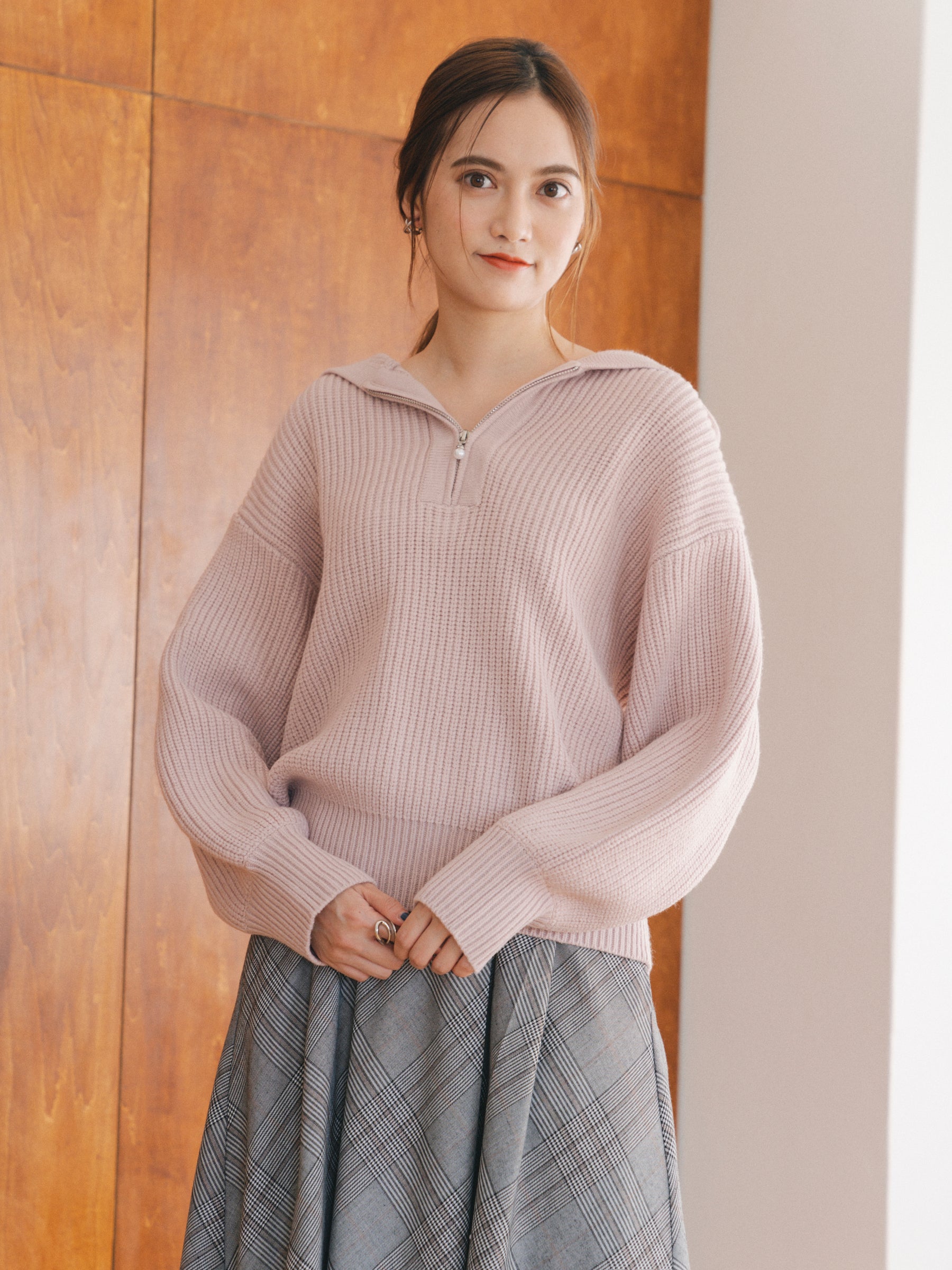 ハーフジップフードニット